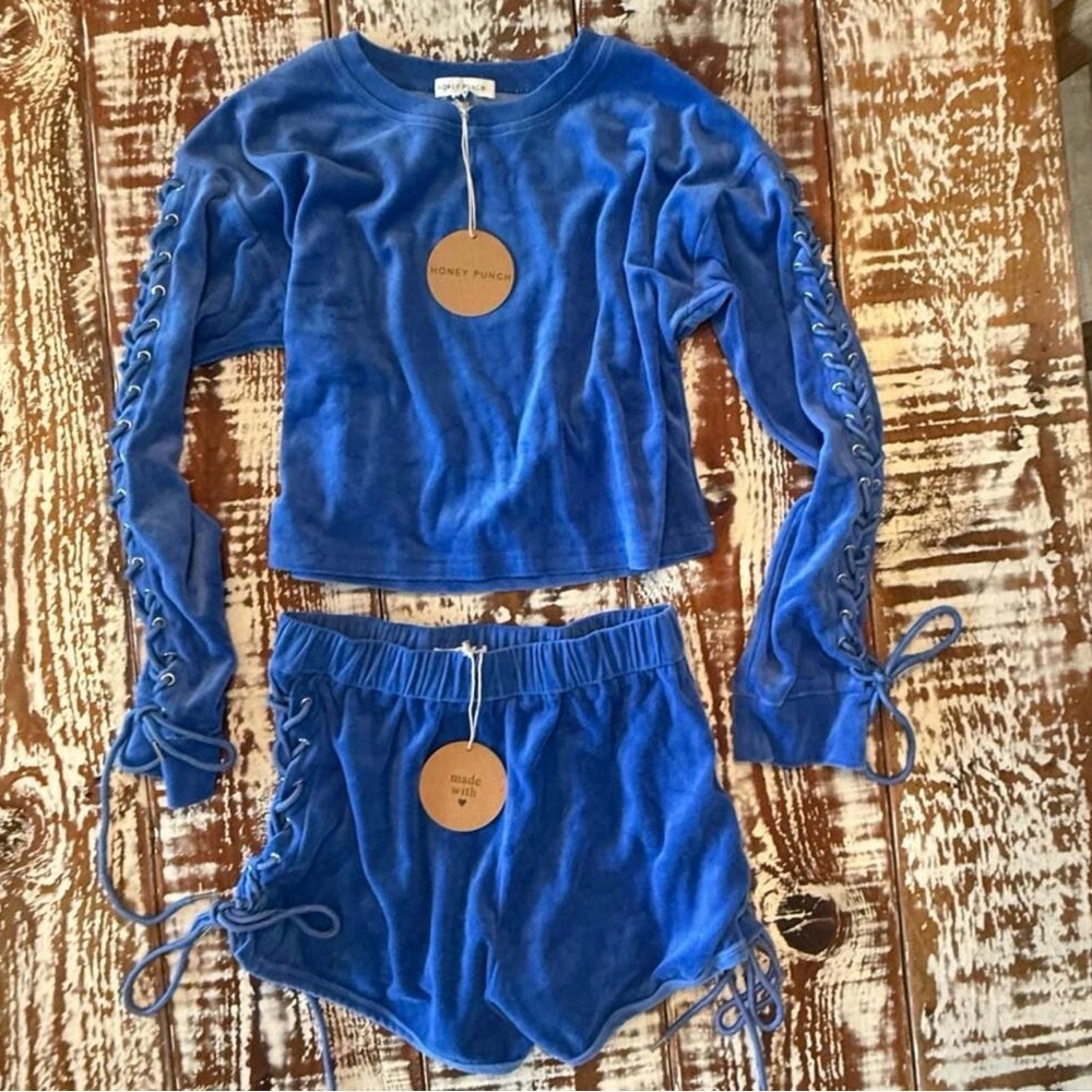 HONEY PUNCH Velour Lace-Up Lounge Set Blue 2-Piece Shorts Set